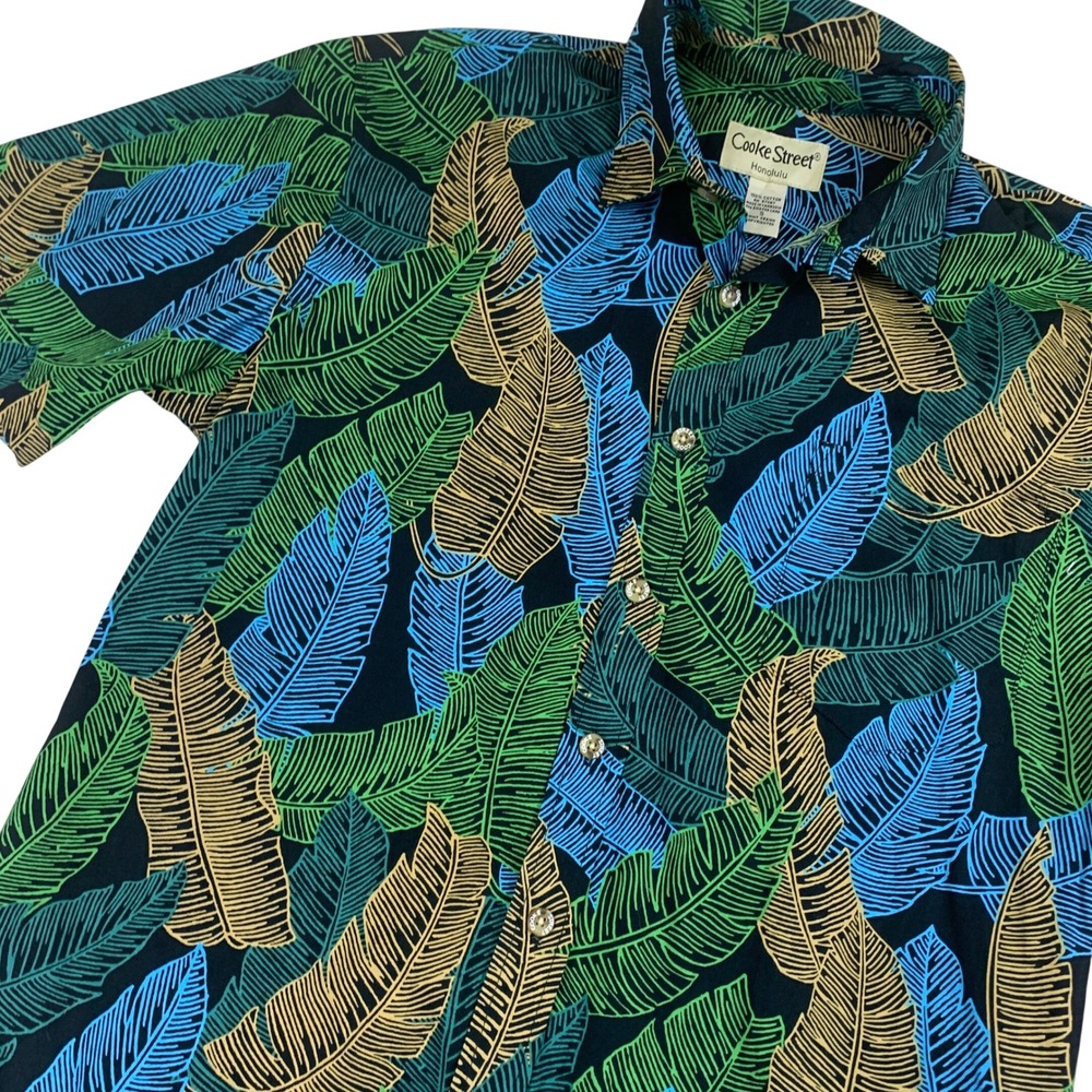 Cooke Street Honolulu Mens Small Tropical Leaf Print Cotton Hawaiian Shirt Black